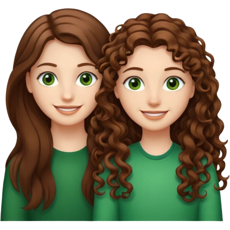 Two besties: 1: long straight brown hair, green eyes 2: long curly brown hair, brown eyes emoji