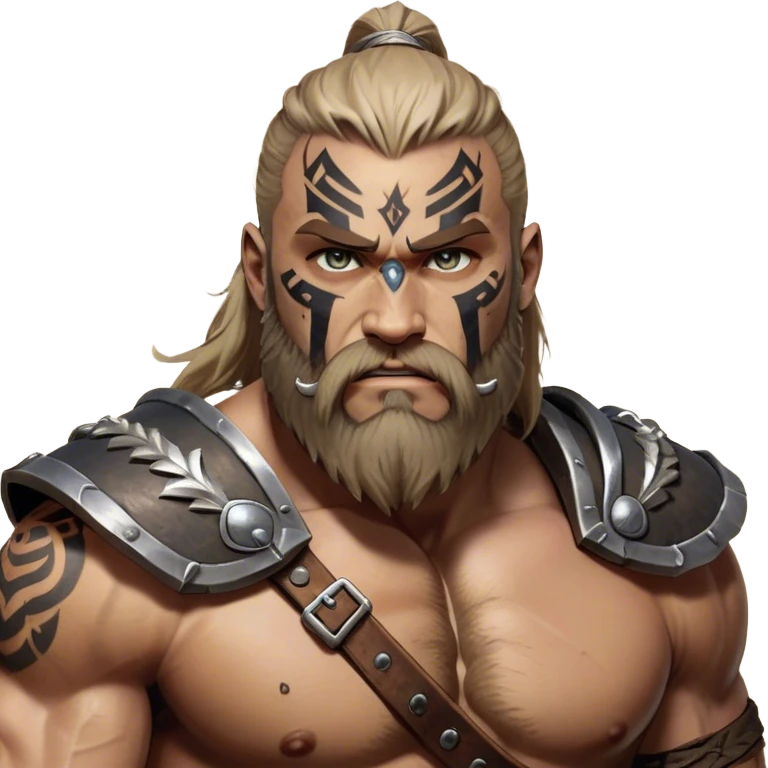 Clash of Clans aesthetic: Cinematic Rugged Barbarian Portrait Emoji, Intense and formidable with a heavily muscled physique, a rugged beard, piercing eyes and battle-worn armor adorned with tribal markings, his complexion a light tan that speaks of hard-fought battles, Simplified yet powerfully detailed features, highly detailed, glowing with a deep, primal energy, high shine, gritty and uncompromising, stylized with an air of raw, untamed power, focused and determined, soft glowing outline, capturing the essence of a barbarian warrior carved by countless battles and poised to lead his clan into epic conflict! emoji
