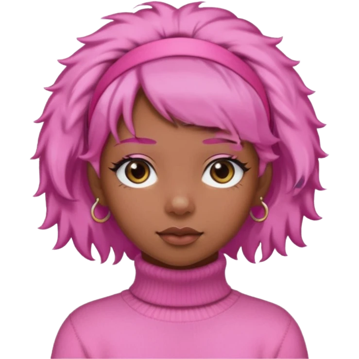 black fluffy haired girl with pink turtleneck sweater and pink hair band emoji