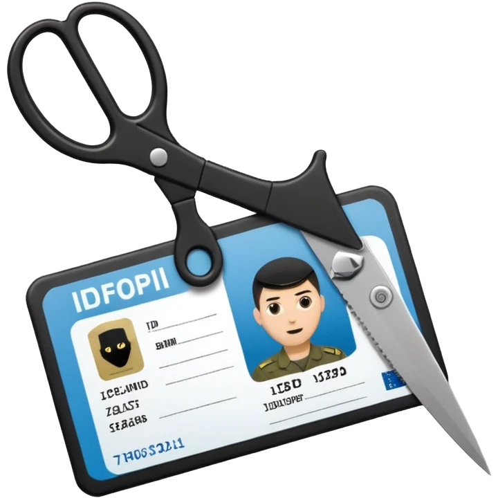 Floating black Scissors cutting in half an idf soldier ID card with a little chip in 2 parts emoji