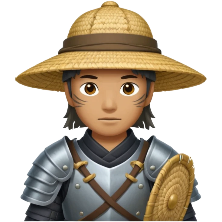 Samurai with straw hat, Warrior in armor holding wide hat emoji