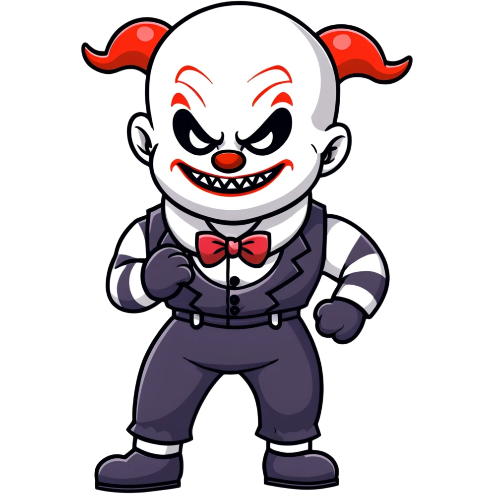 full-body muscular demonic clown in black and white leisure suit with bellbottom pants, bald, black ram horns, flashy black and white belt, ruffled white shirt, no neck tie, large fangs, cartoon sticker style emoji