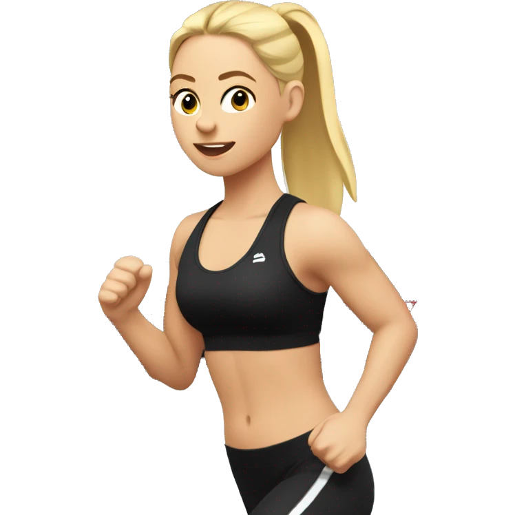 Girl with blonde hair in a ponytail running on a treadmill, she is wearing black leggings and a black sports bra emoji