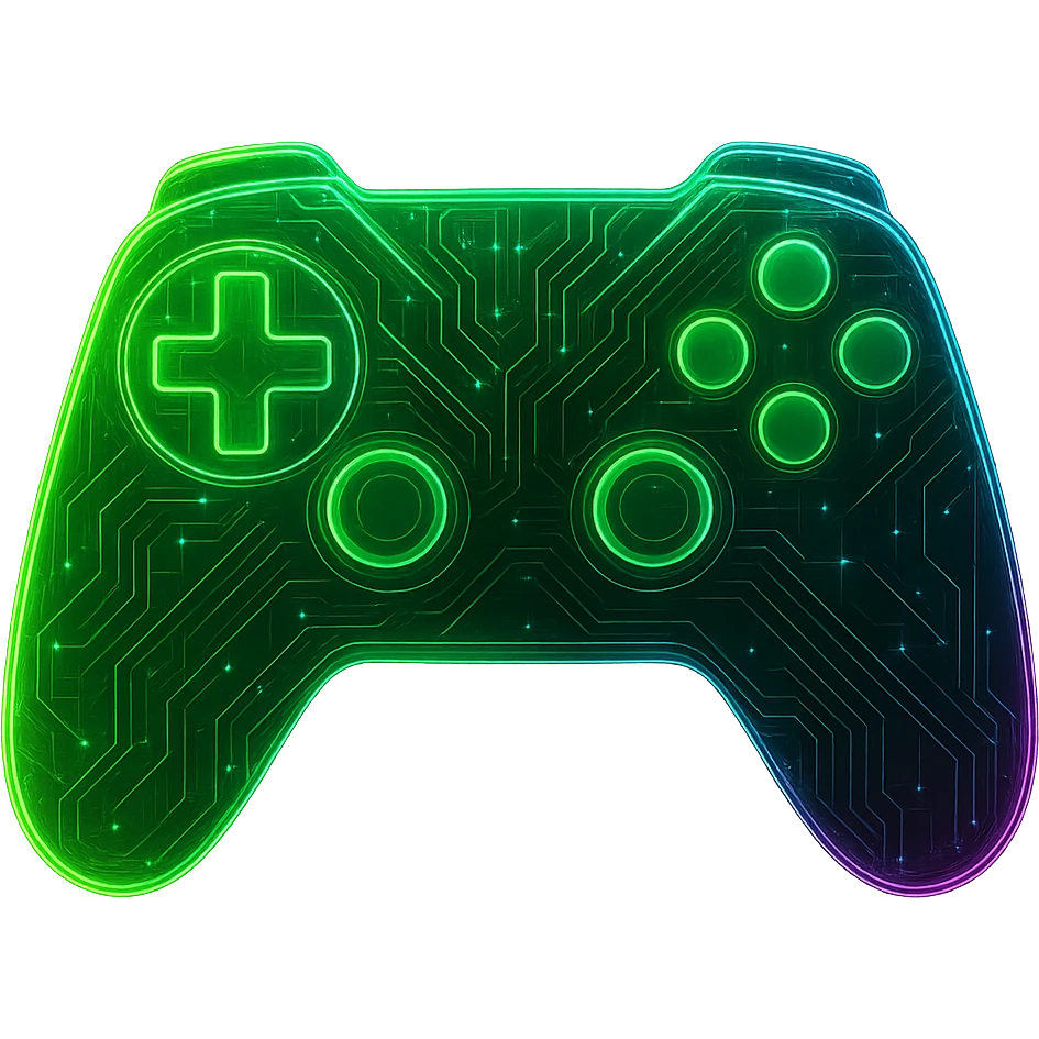 Create a generic game controller in a cyberpunk, holographic style with glowing neon green, blue, and pink edges. The controller should have circuit patterns throughout the entire surface, with the main color being green. The design should have a consistent cyberpunk glow and intricate circuit details, matching the style of previous cyberpunk icons. The background should be transparent. emoji