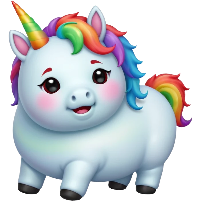 Small chubby unicorn coloured jade, black and red eyes, farting rainbow emoji