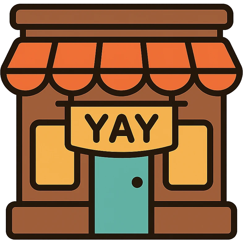 cozy brown café storefront with a soft “YAY” banner, warm hand-drawn tones emoji