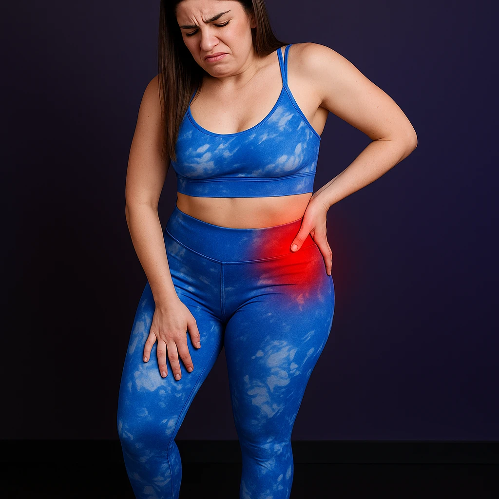A slender woman in 4K, standing with an asymmetrical posture, right hand pressing on the right hip, acute pain expression, localized redness on the hip, inspired by the reference photo. emoji