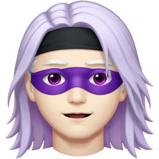 A young pale skinned Japanese man, with long free white hair. Purple eyes pink lips. Devious smile and an eyepatch emoji