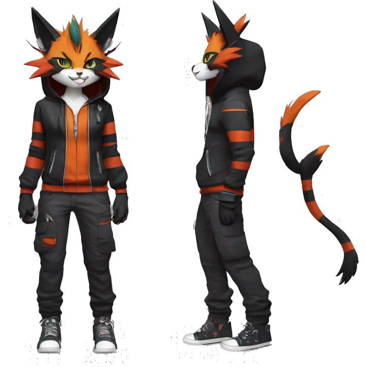 Cool Anthro Noivern-Litten-Caracal-Pokémon with edgy stripes hoodie spiked collar punk techwear Cargo Pants Full Body emoji