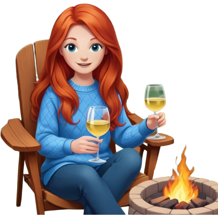 Happy redhead with long hair and blue eyes holding white wine sitting in chair beside fire pit in backyard emoji