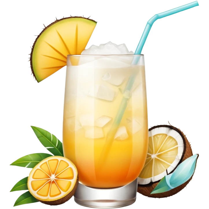 A beautiful cocktail with a creamy white to orange gradient, containing coconut juice and mango, reminiscent of summer. Above, there are tropical flowers, lemon slices, and a straws. emoji