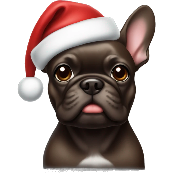 Dark brown Frenchie wearing a santa hat emoji