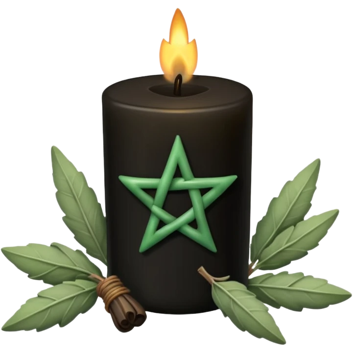 Black candle with pentacle on it and a bundle of sagr emoji