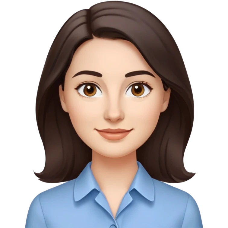 Professional woman in her 30s with light complexion, oval face, gentle features, large dark brown eyes, well-formed medium eyebrows, small nose, warm friendly smile, long slightly wavy dark brown hair with soft volume, wearing a light blue dress shirt emoji