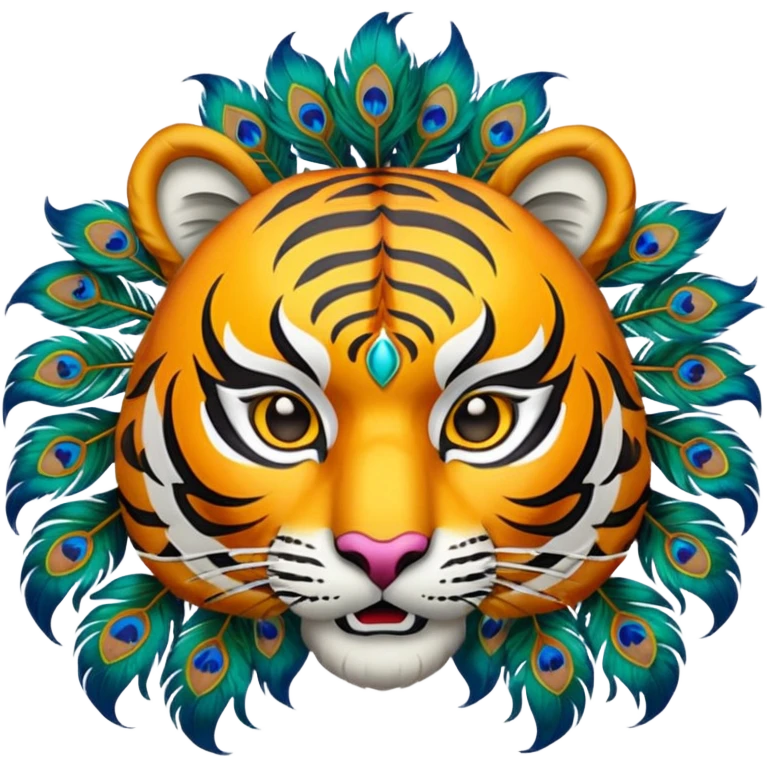 Create an animation emoji of the Ponorogo Reyog from East Java, namely the tiger mask with the peacock dance, which is a typical Ponorogo dance. Above and behind the tiger's head is a peacock's head spreading its tail.  emoji