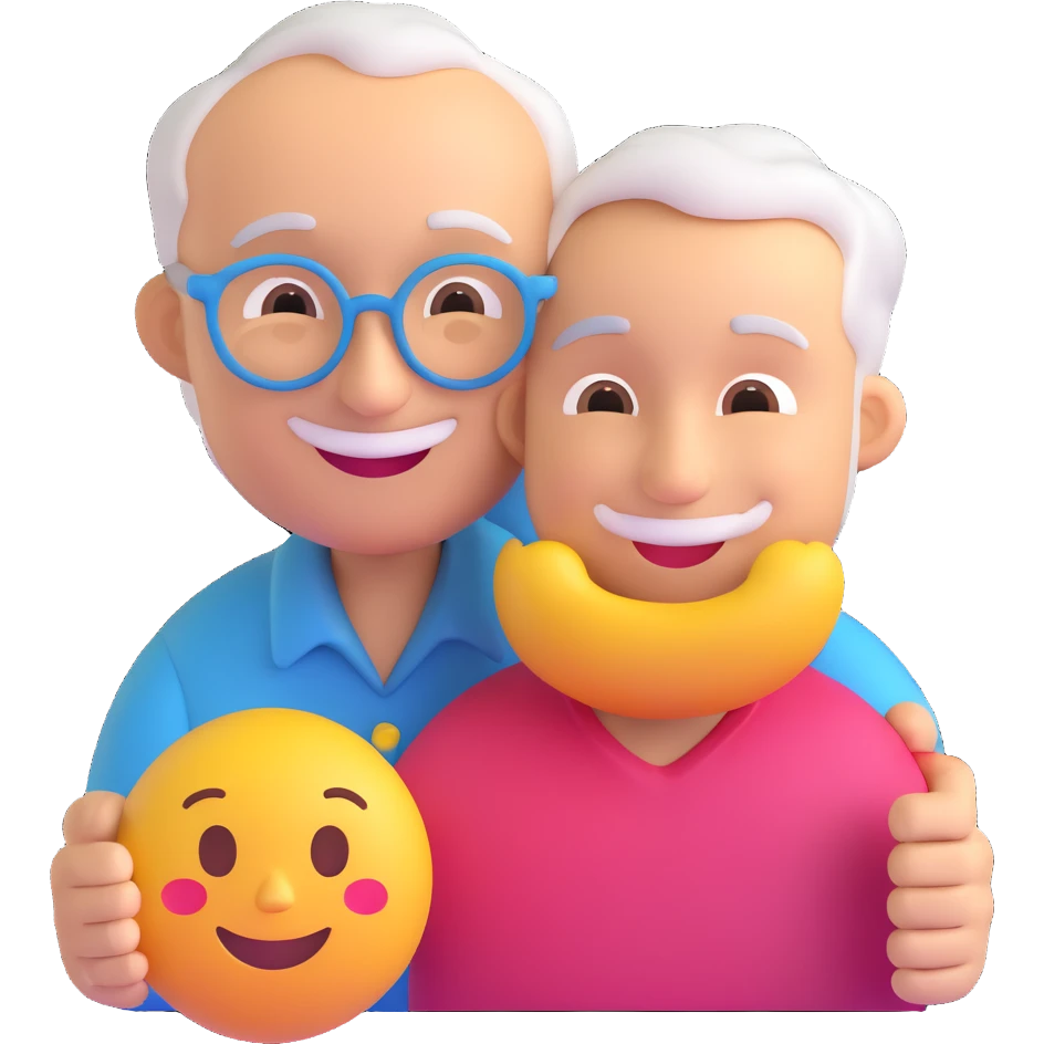 3D smiley emoji, round shape, grandfather with a grandchild drawing together, blue color, smiling face emoji
