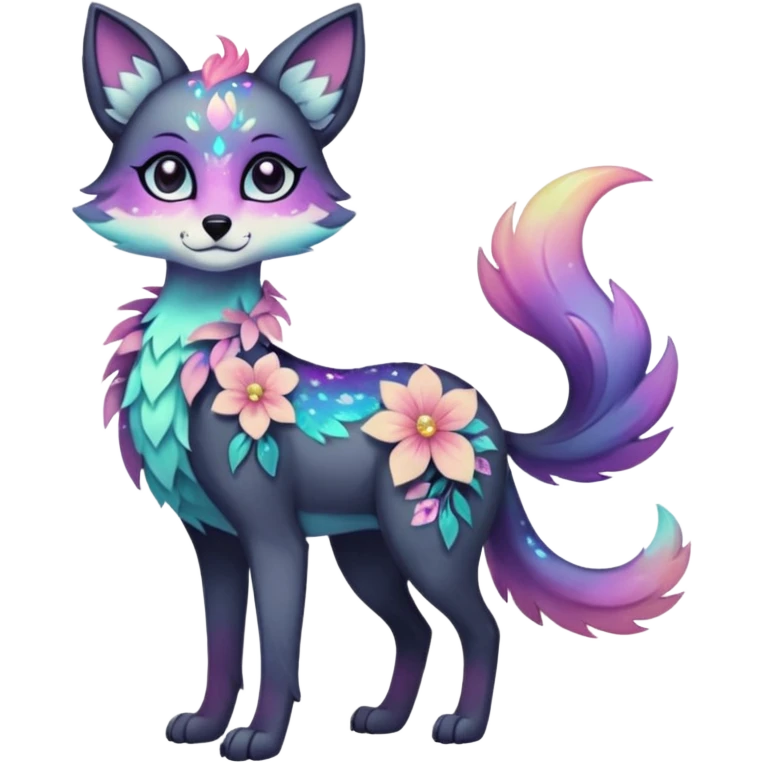 Multicolored sparkly pastel dark iridescent light pale gloomy spooky cute adorable pretty cool elegant realistic floral exotic Falvie-Fionbri-fursona, full body emoji