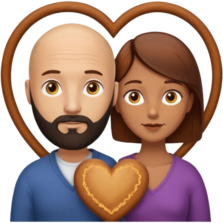 Couple. Bald man with dark brown-black beard. Woman with many small, faded freckles, white skin and she has auburn-yellow-brown-caramel-cinnamon dark hair. She has light yellow-brown eyes. The man have hazel eyes. They are inside a big heart. emoji