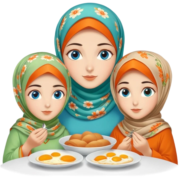 Four sister Turkish girls beautiful finish Konya blue eyes with orange floral hijab and light green dress and make Breakfast emoji