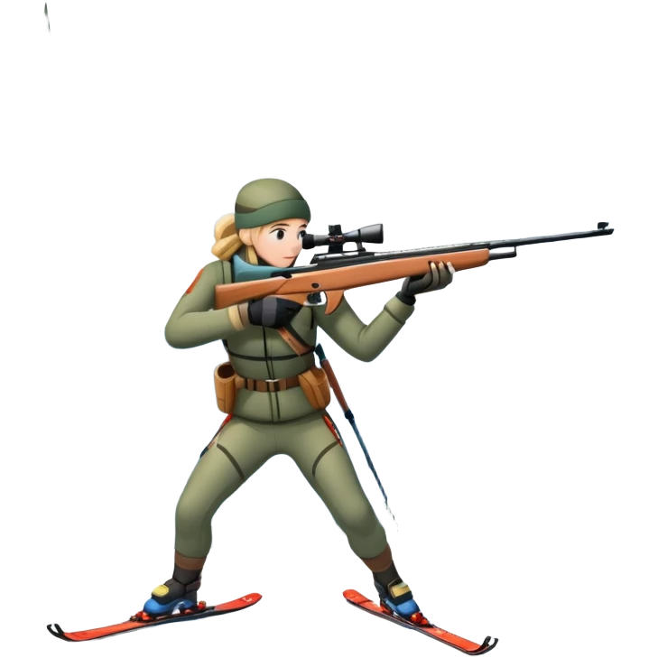 An icon showing a snowy landscape with pine trees, mountains, and a clear sky with a biathlete aiming a rifle in the foreground, wearing winter gear and skis. Transparent background emphasizes the precision, endurance, and beauty of this winter sport. emoji
