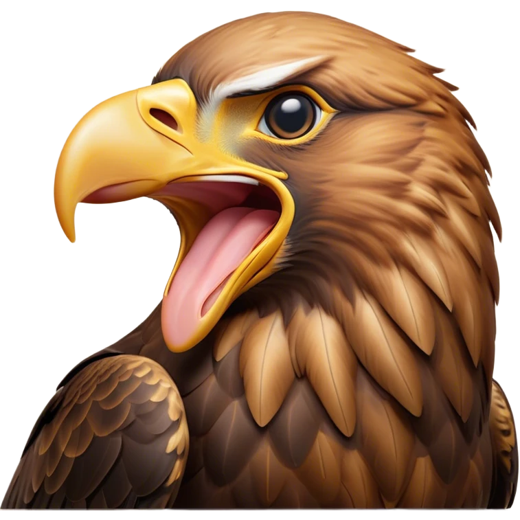 Cinematic Cute Yawning Golden Eagle Portrait Emoji, Head tilted slightly with a dramatic, wide-open yawn, showcasing a robust, majestic form with softly drooping feathers and sleepy, half-closed eyes, Simplified yet irresistibly adorable features, highly detailed, glowing with a soft, cozy amber glow, high shine, relaxed yet expressive, stylized with a dash of whimsical aerial charm, soft glowing outline, capturing the essence of a drowsy yet affectionate golden eagle that appears ready to stretch out for a nap! emoji
