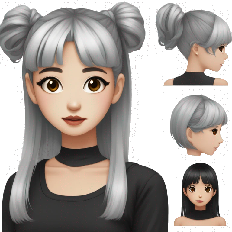 Korean girl, black tank top, black hair, black eyes, layered hair, cool girl, aesthetic, long hair, hime cut, blunt bangs, small silver hoop earrings emoji