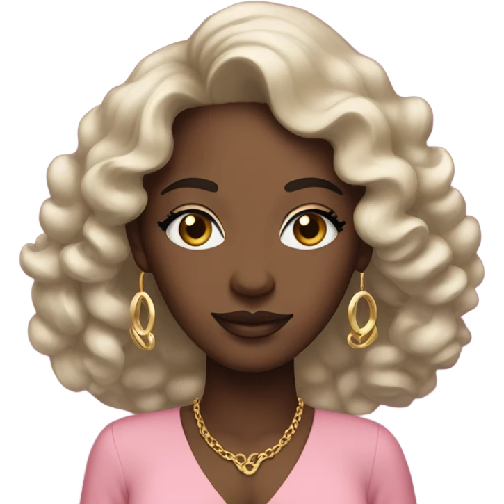 Medium black skin women with loose ringlet curls and wearing a pink dress with gold earrings and long lashes emoji