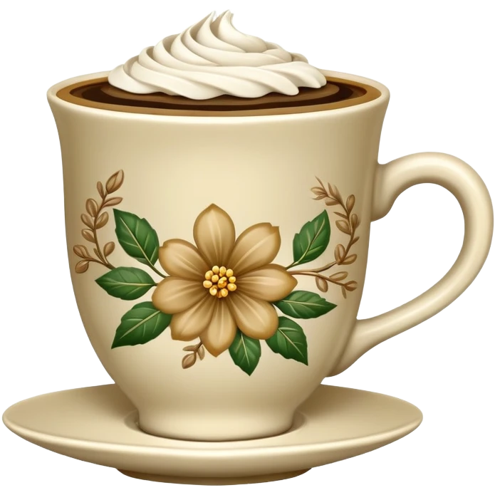 Cinematic Realistic sophisticated cup filled with khaki coffee with flower ornament emoji