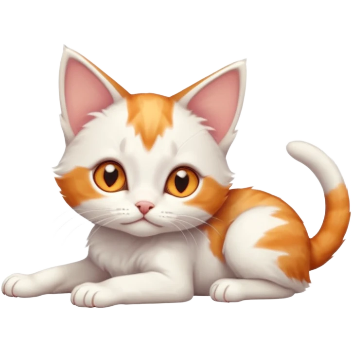 full body of very small + skinny ginger and white kitten with deep orange eyes and triangular shaped face lying down with bent front paws emoji