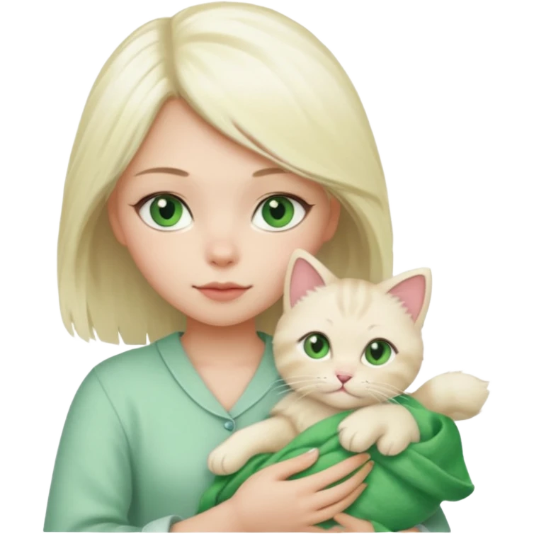 Platinum blonde hair girl with green eyes holding rag doll cat  emoji