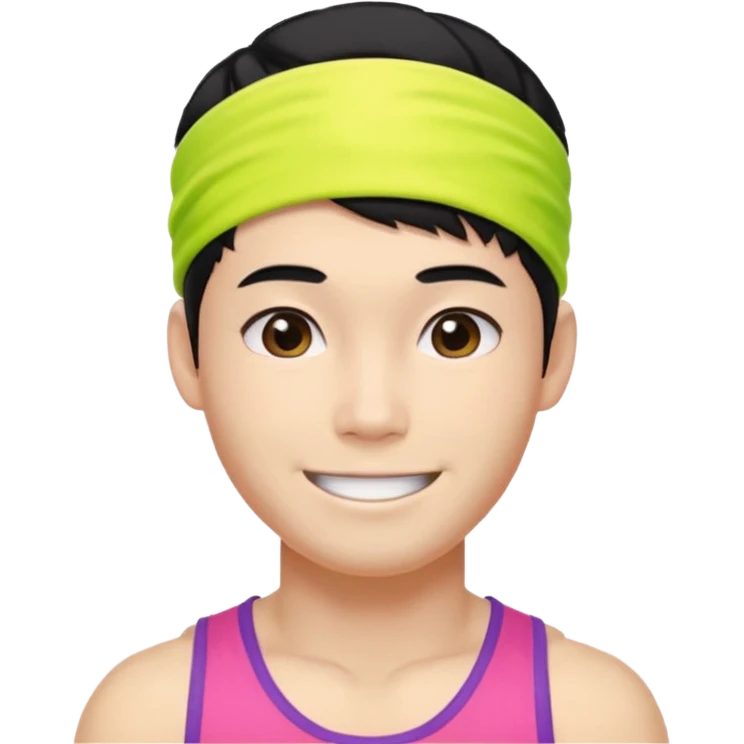 Korean 27-year-old male health coach / Wearing fluorescent colors / White face / Hairband / Smiling expression / Short black hair / Muscular body emoji