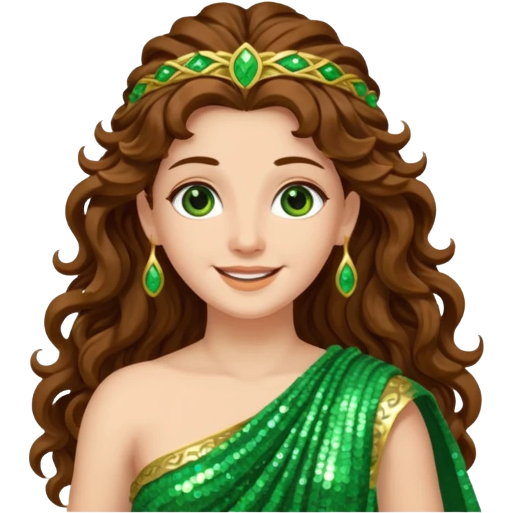 Terra, Goddess of Earth from Roman Deities with long brown wavy hair, green sequin toga  emoji