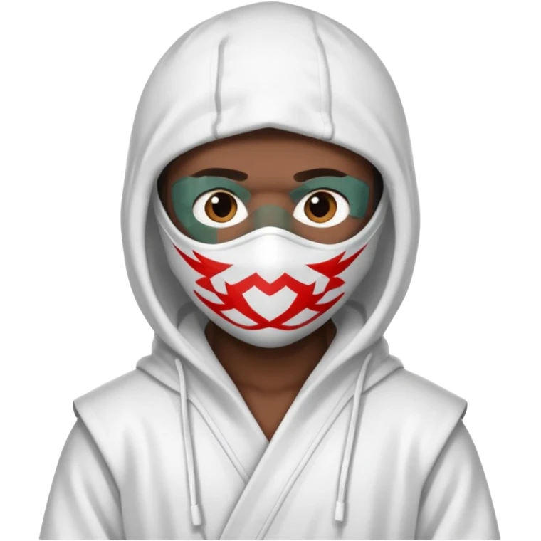 All white ninja robe with no black with white ski mask to cover face and neck with a hoodie on and dark brown skin color emoji