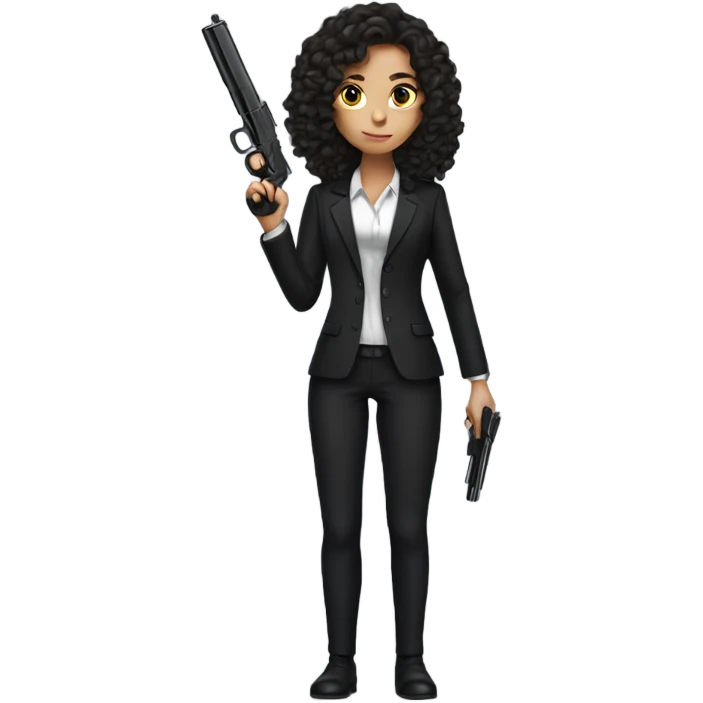Brunette Girl with long curly hair in black suit with gun emoji