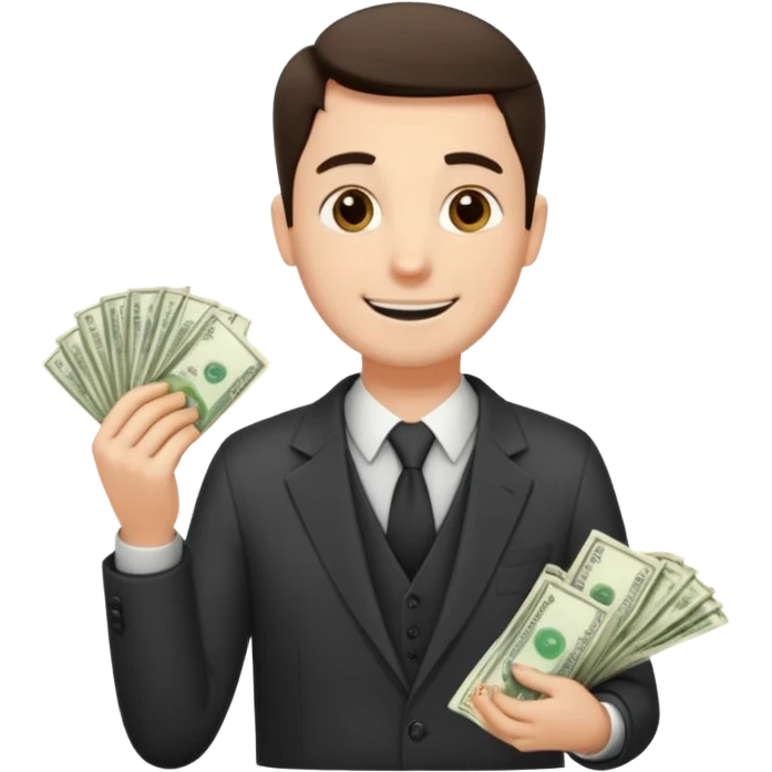 un chef d'entreprise en train de compter sa montagne de billet derrière lui une file de client qui entre dans son magasin pendant qu'à cote un autre chef d'entreprise poche vide pas de client  emoji