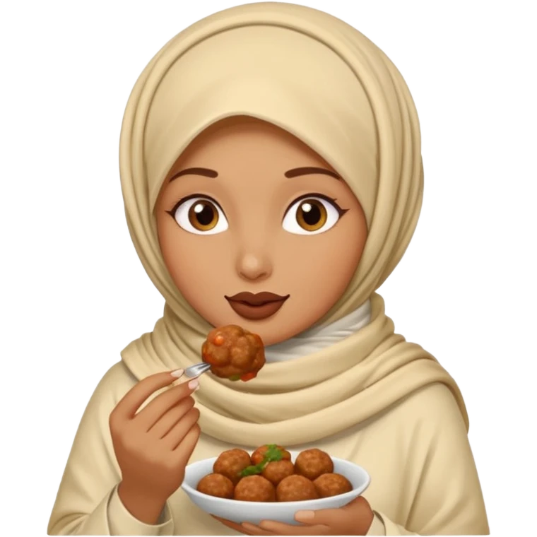woman wearing a cream colored pashmina hijab eating meatballs emoji