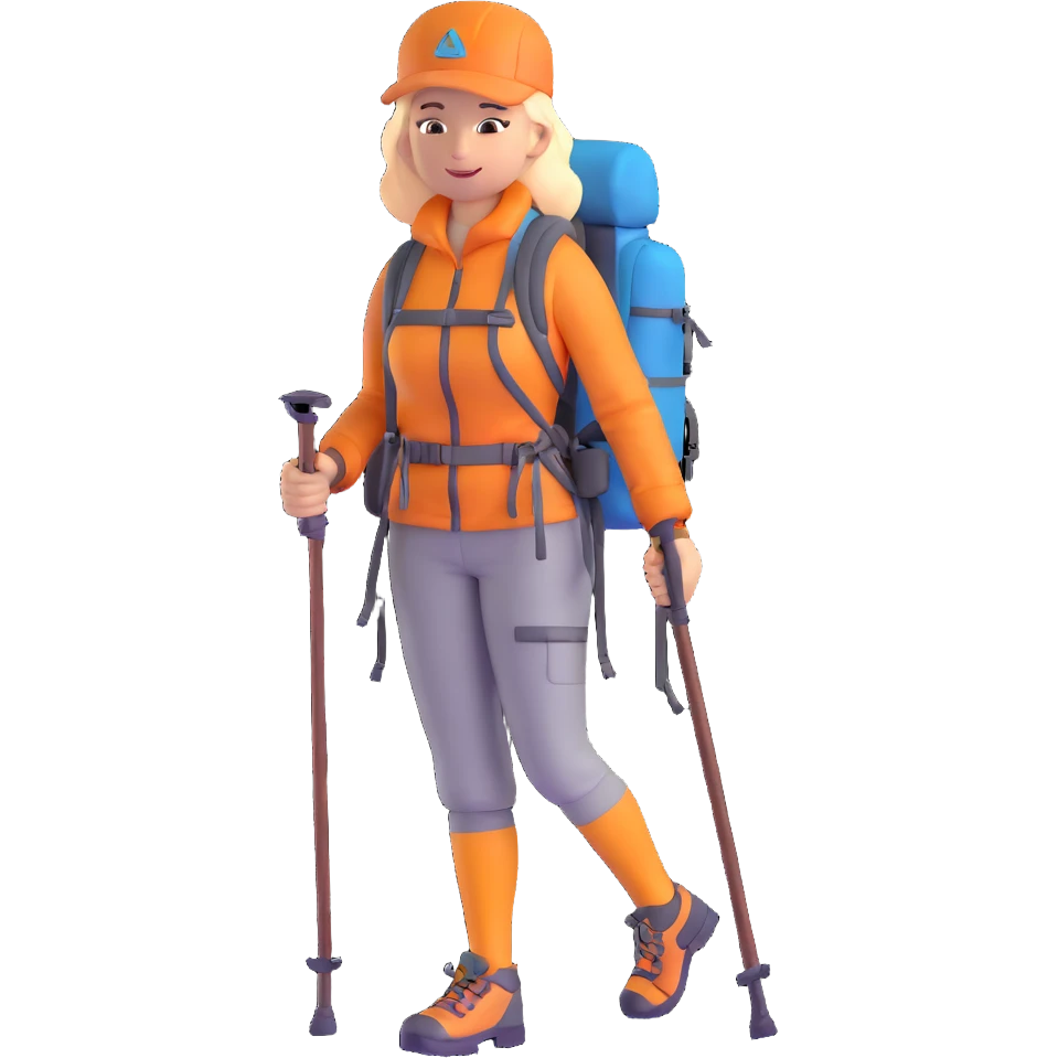 woman mountain climbing, female mountaineer with backpack and hiking poles emoji