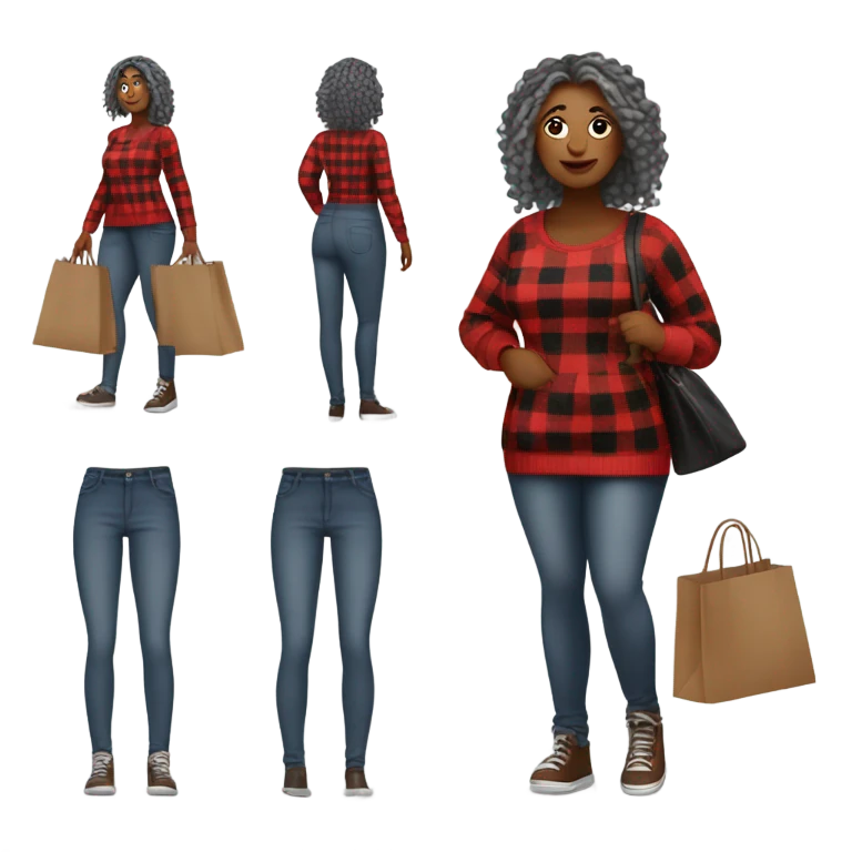 Curvy woman gray locs in pants shopping.  curvy woman is brown with red locs in a skirt with plaid sweater shopping emoji