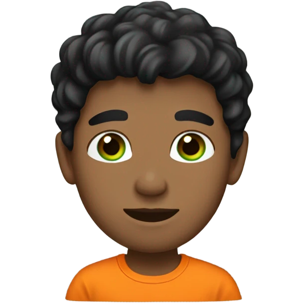 boy with black hair green eyes with an orange shrt. emoji