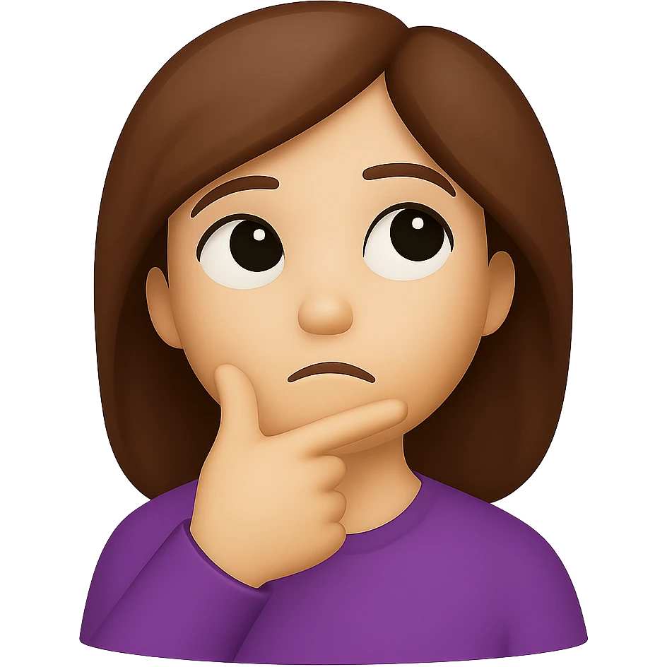 Create an image of a thinking face emoji looking up with hand on chin, styled as a woman, in the Apple emoji style. The background should be removed, isolating the subject. emoji