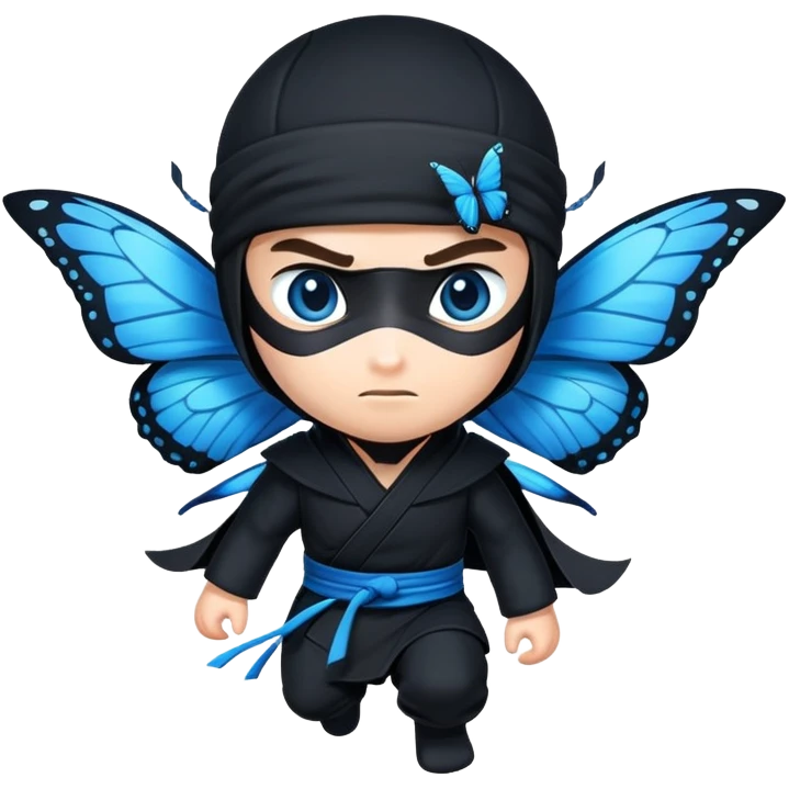 Crea una imagen con estos dos emoji 🥷🏻🦋
él ninja de piel blanca con la mariposa azu posada en el hombro como si estuviera volando. emoji