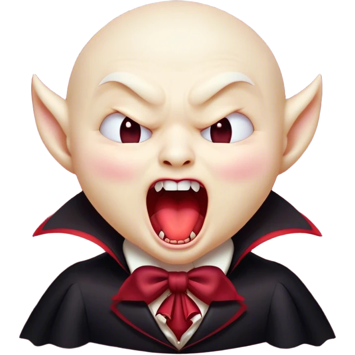 Cinematic Cute Yawning Vampire Portrait Emoji, with a small, rounded, charming pale face accented with tiny playful fangs and droopy, half-closed eyes, head tilted in an adorable wide yawn, dressed in miniature elegant dark attire with a hint of crimson, simplified yet irresistibly endearing, highly detailed with a soft, mysterious glow and gentle outline that captures the cute, drowsy side of an immortal! emoji