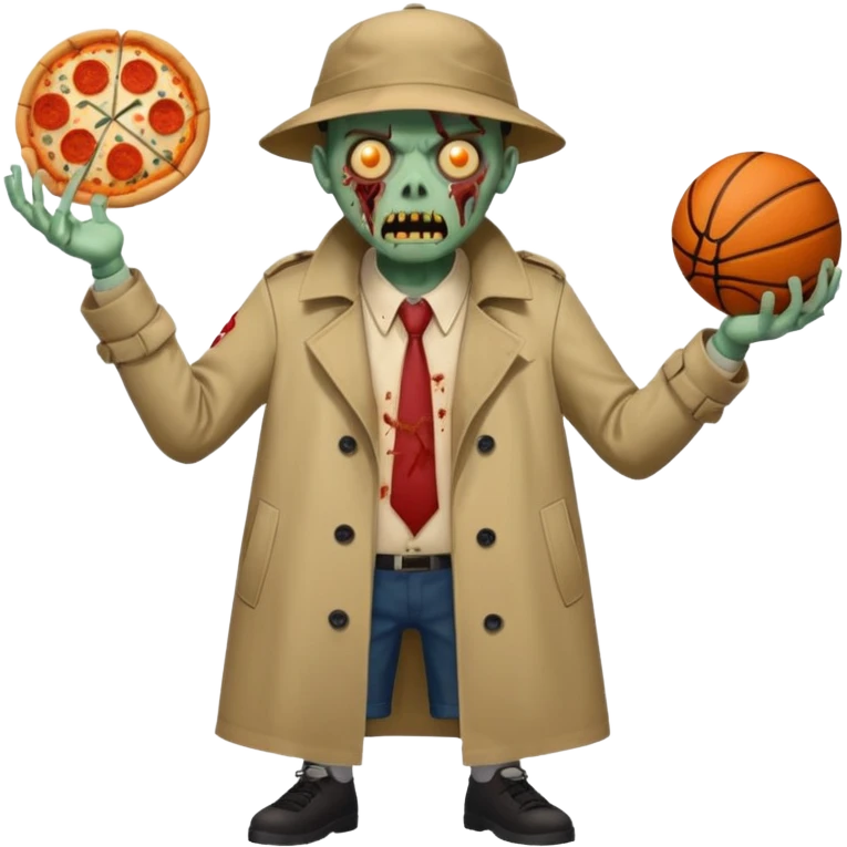 a glitch abomination with hands for a head, a baskeball stomach, pizza eyes, eyepatch, and zombie wounds, wearing trench coat emoji