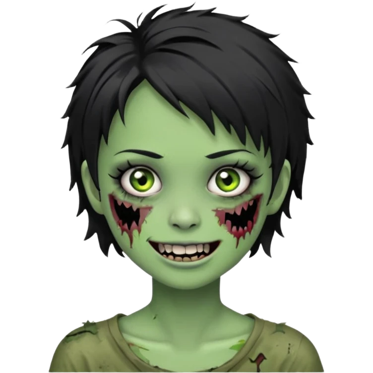 Green zombie girl with messy black short hair with lashes and torn cheek and smiling face emoji