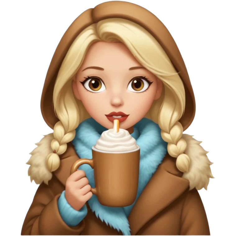 Tanned Girl with lashes , blonde hair, in an extremely big fluffy oversized coat and hold hot chocolate drink and big cat eyes, big lip emoji