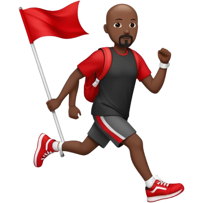 Bald black man with a white goatee in sneakers carrying a red flag emoji