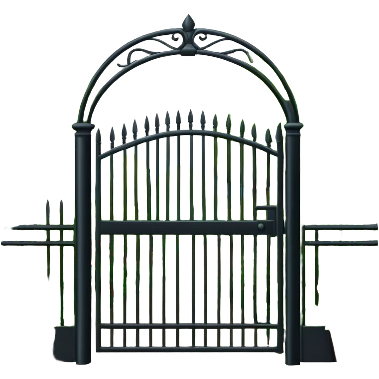 garden entrance with black iron fence, green trees and flowering plants emoji