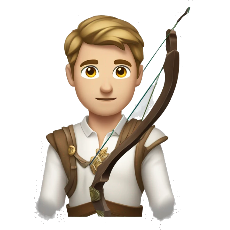 a male archer holding a bow, wearing a white shirt, very short brown hair, bright skin, only show upper part of the body from waist up emoji