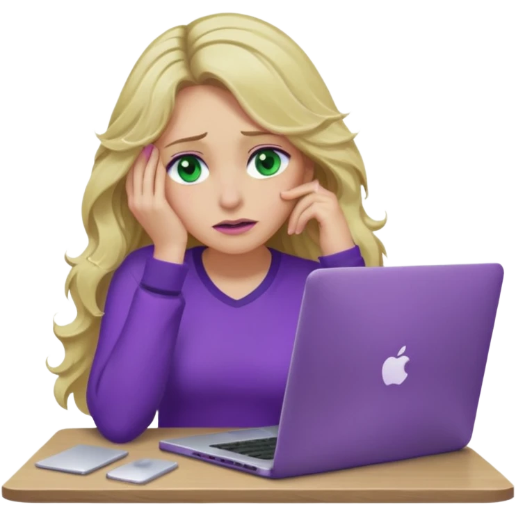 lady with long wavy blonde hair, purple top, green eyes, elbow on desk with hand on face, with a purple mac laptop tears rolling down her face as poorly emoji