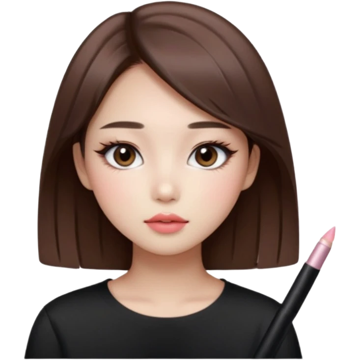 “korean straight brown hair Emoji girl, soft eyeliner and blush, gradient lips, light brown shimmer eyeshadow emoji